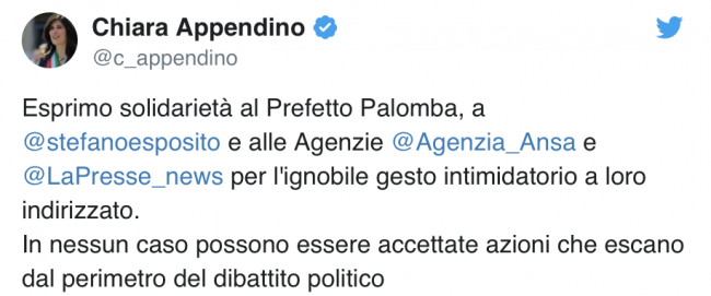 Chiara Appendino tweet di solidarietà a Stefano Esposito